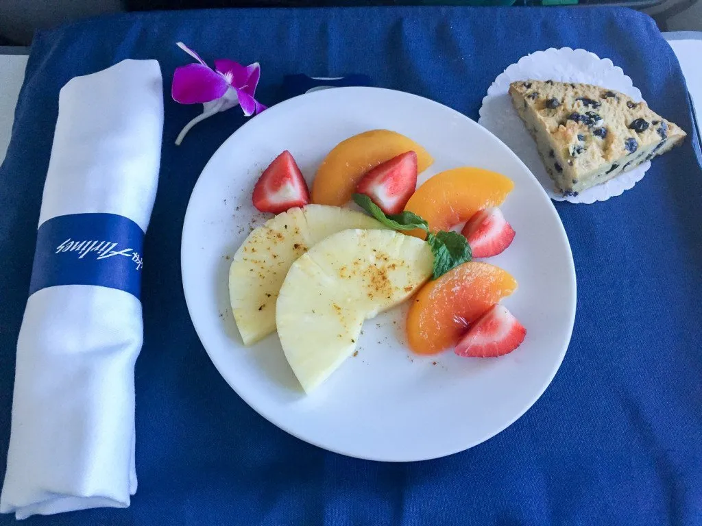 First course during breakfast in first class on Alaska Airlines from San Diego to Maui.