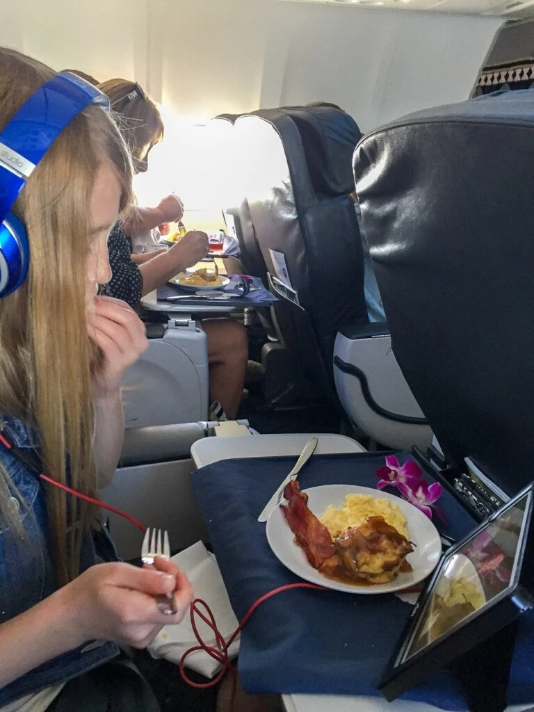Breakfast and in-flight entertainment on Alaska Airlines in first class from San Diego to Maui