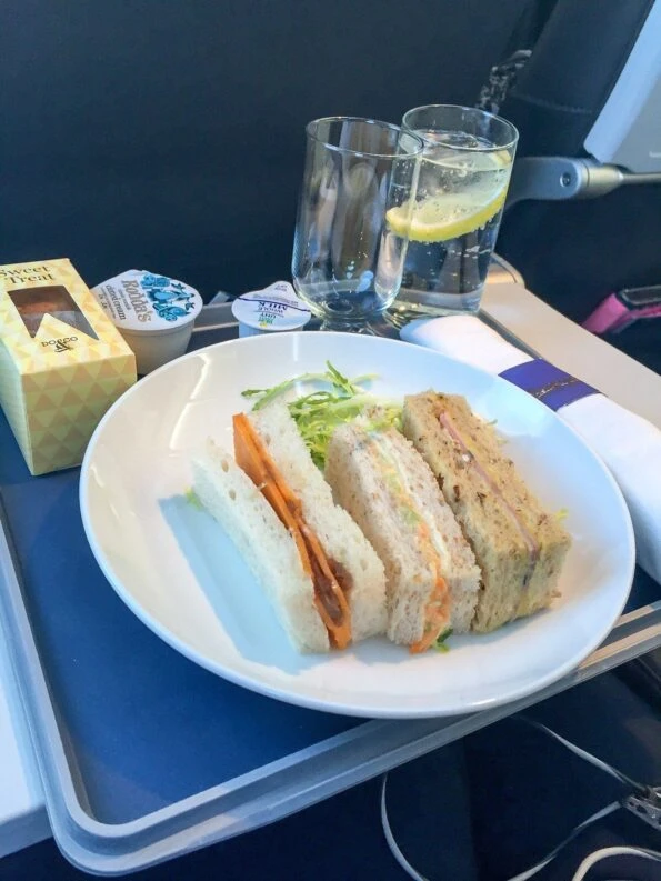 Afternoon tea set served in business class on British Airways Club Europe.