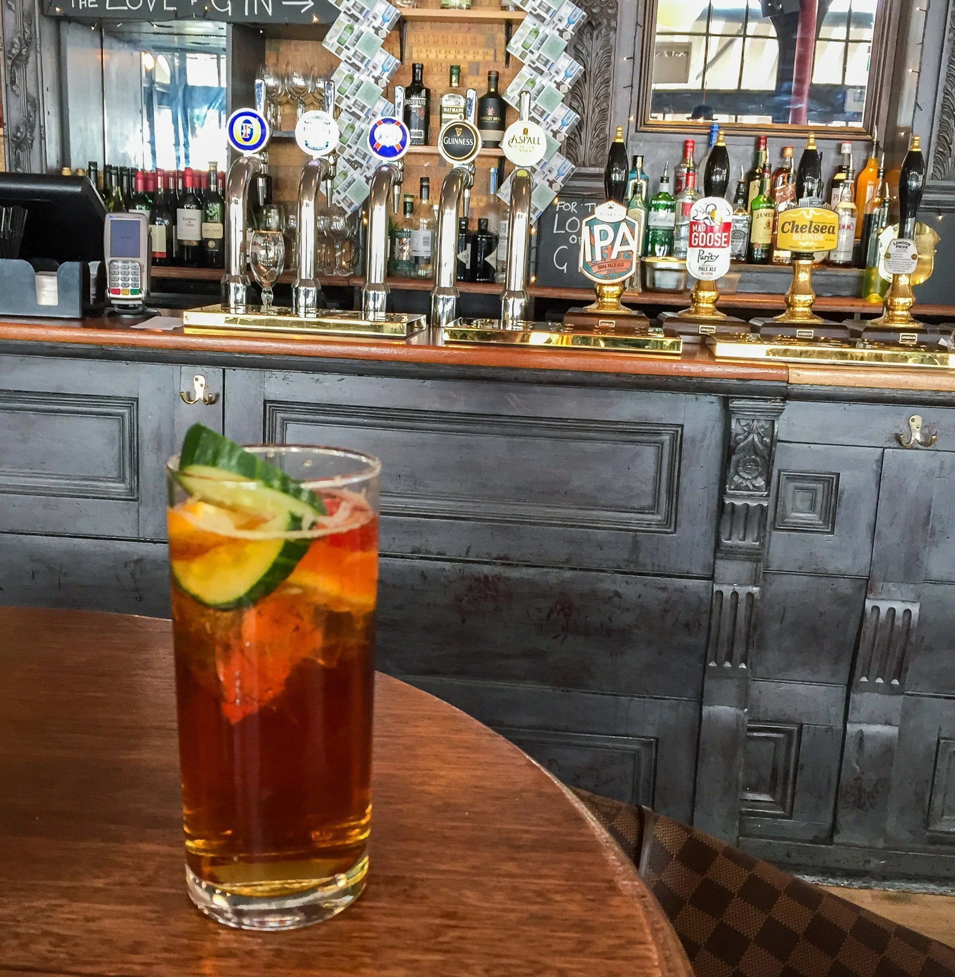 A Pimm's cup at the Chelsea Potter in London on the King's Road. This local pub was a favorite of Jimi Hendrix and the Rolling Stones.