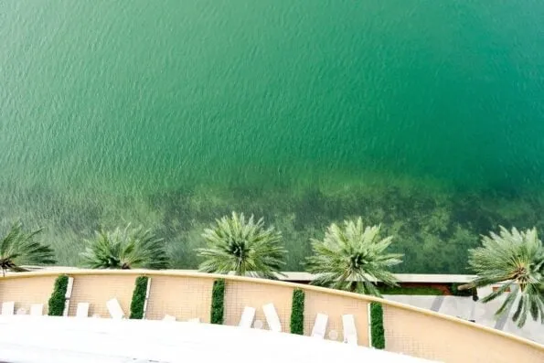 The view of Biscayne Bay looking down from our room at Mandarin Oriental, Miami.