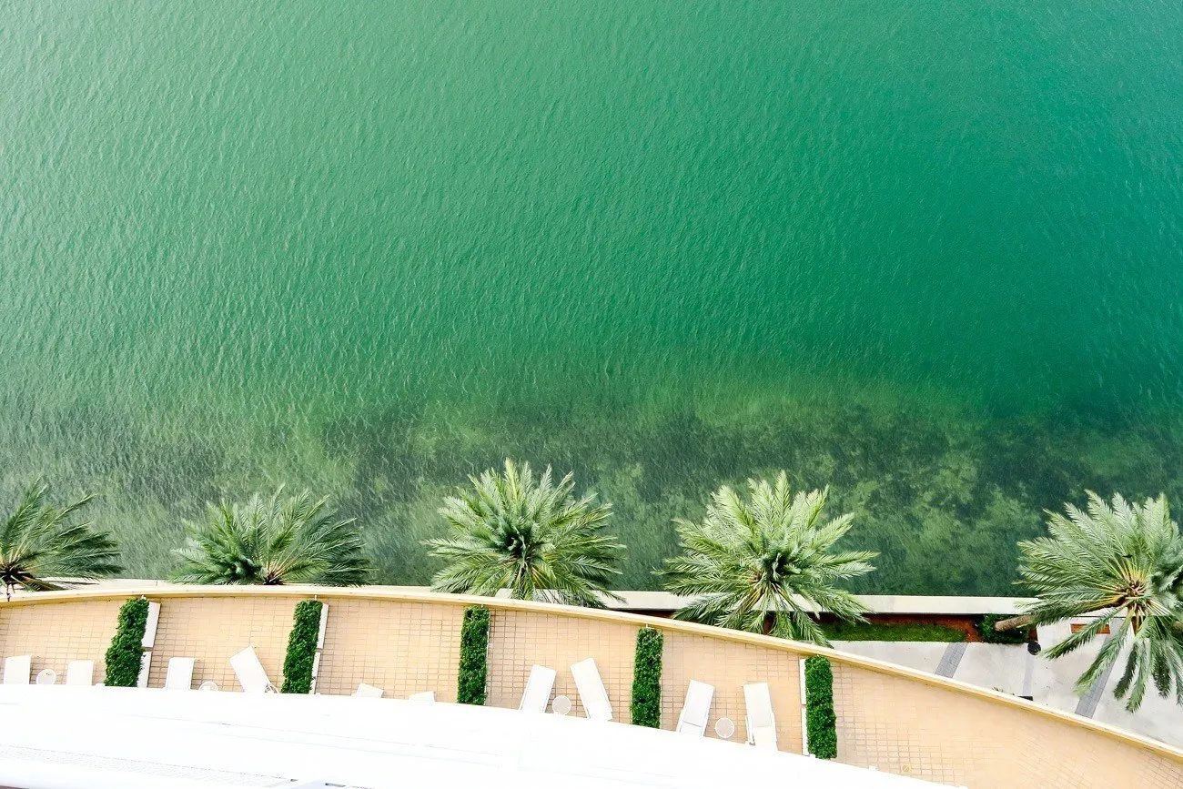 The view of Biscayne Bay looking down from our room at Mandarin Oriental, Miami.
