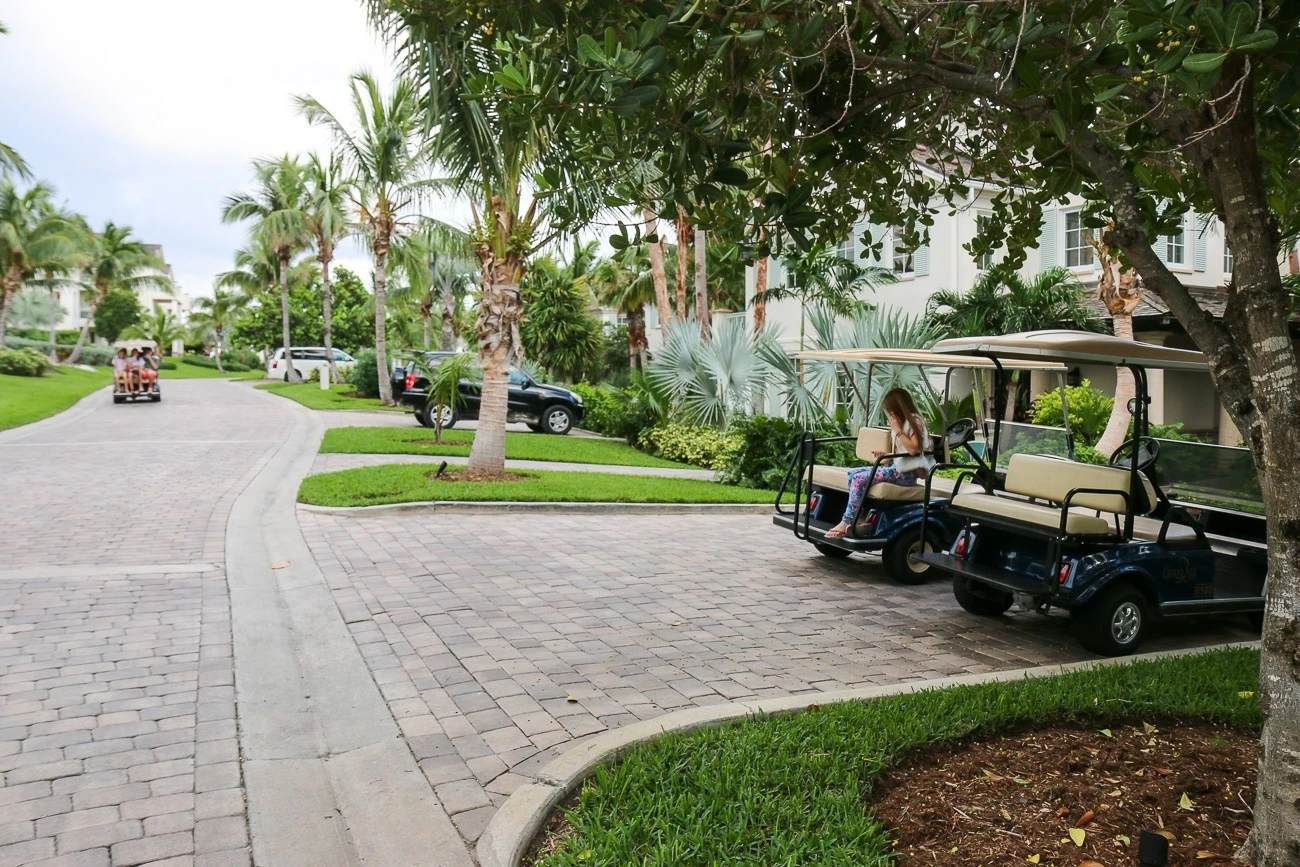 Each villa at Grand Isle Resort has a golf cart to tour the Emerald Bay area of Great Exuma island in the Bahamas. So fun!