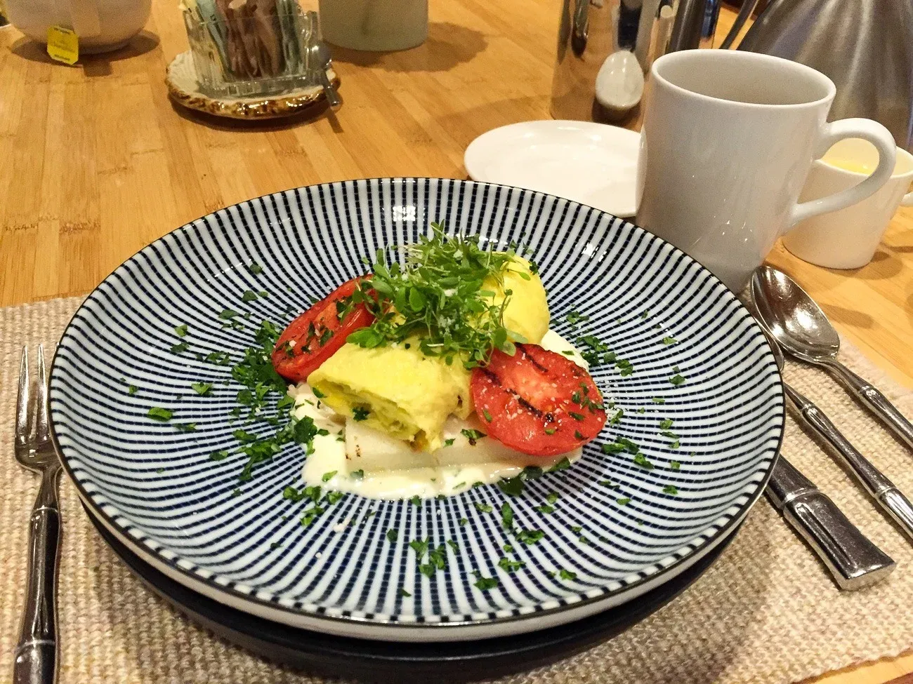 Savory herb and cheese Benedict with ricotta and farina cake at the famous Golden Door Spa.
