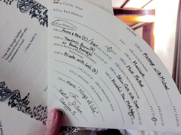 Each day at the world-famous Golden Door Spa, a guest's schedule is written out on a paper fan.