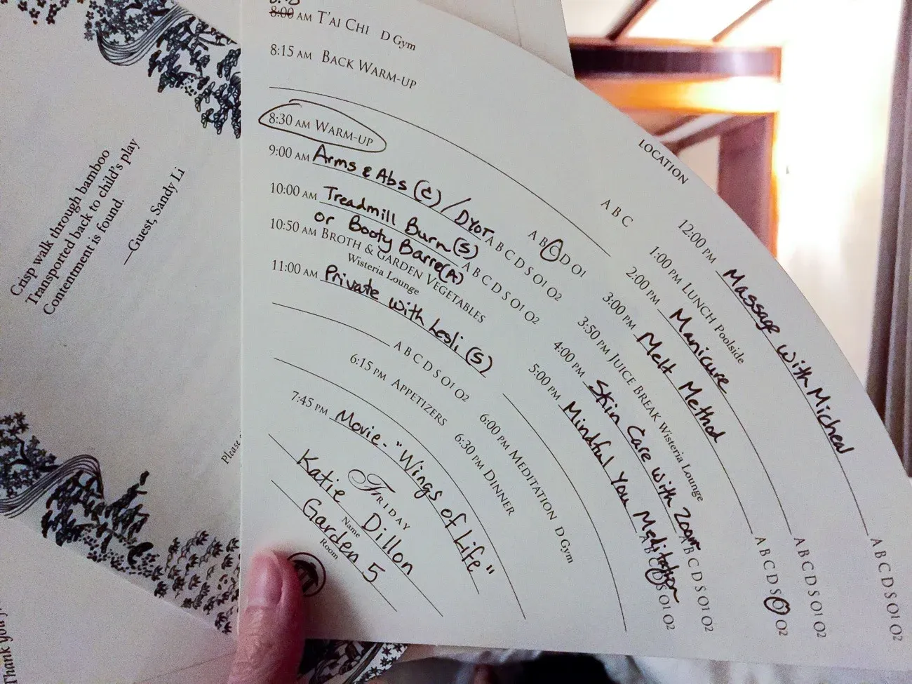 Each day at the world-famous Golden Door Spa, a guest's schedule is written out on a paper fan.