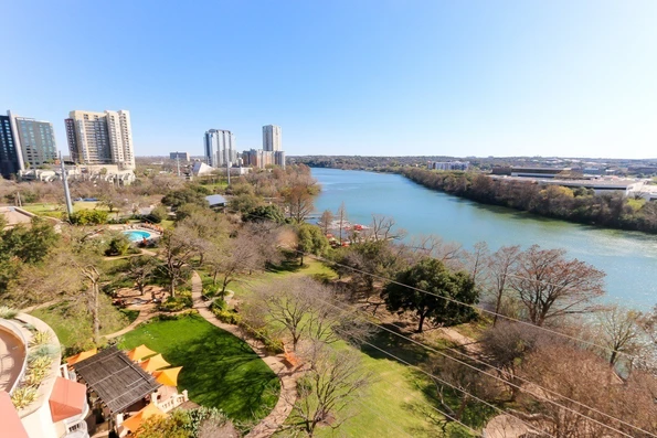 The view of Lady Bird Lake from a room at Four Seasons Hotel Austin
