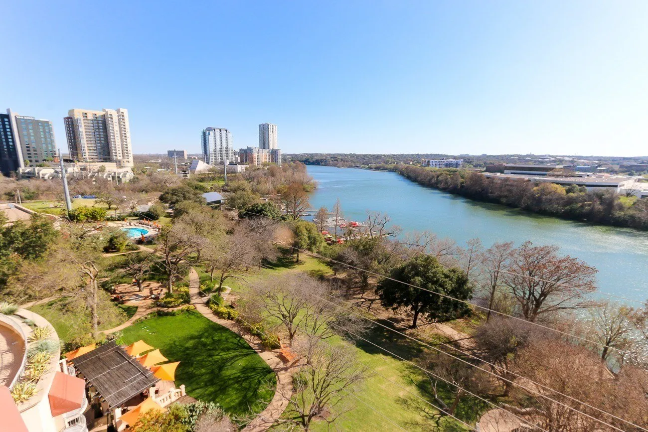 The view of Lady Bird Lake from a room at Four Seasons Hotel Austin
