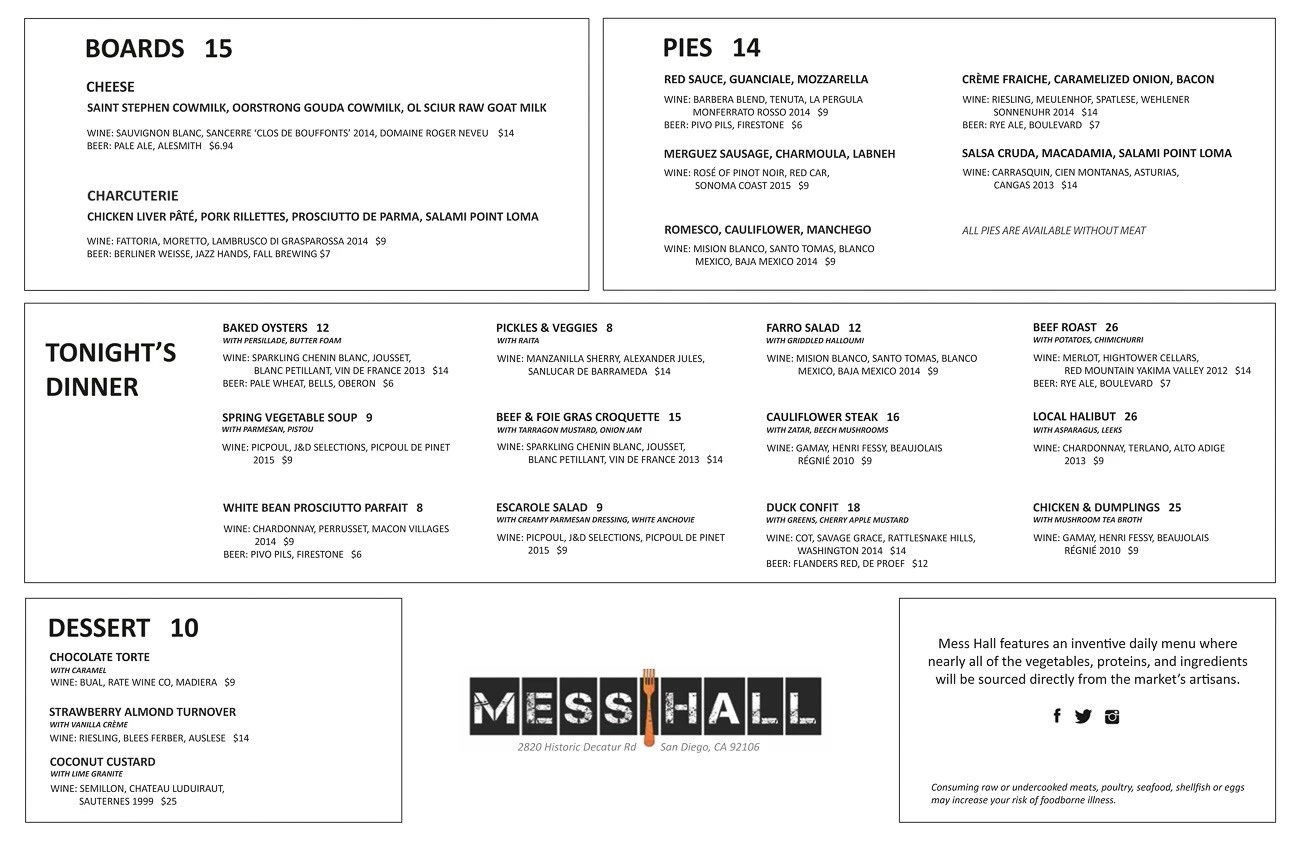 The current Mess Hall menu at Liberty Public Market (which is, of course, subject to change).