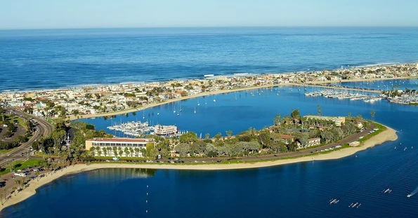 An aerial view of Bahia Resort Hotel, one of San Diego's best family beach hotels