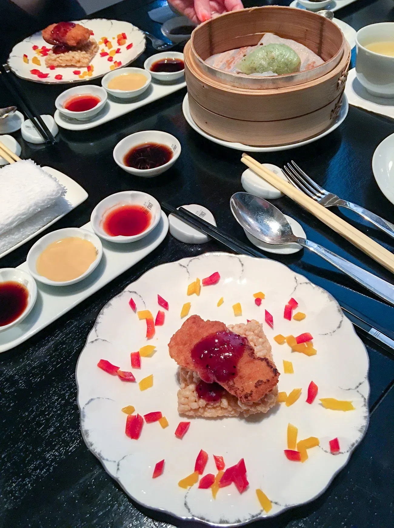 Crispy Suckling Pig Enrobed in Minced Shrimp with Crisp Rice and Strawberry Sauce at Mandarin Oriental, Taipei