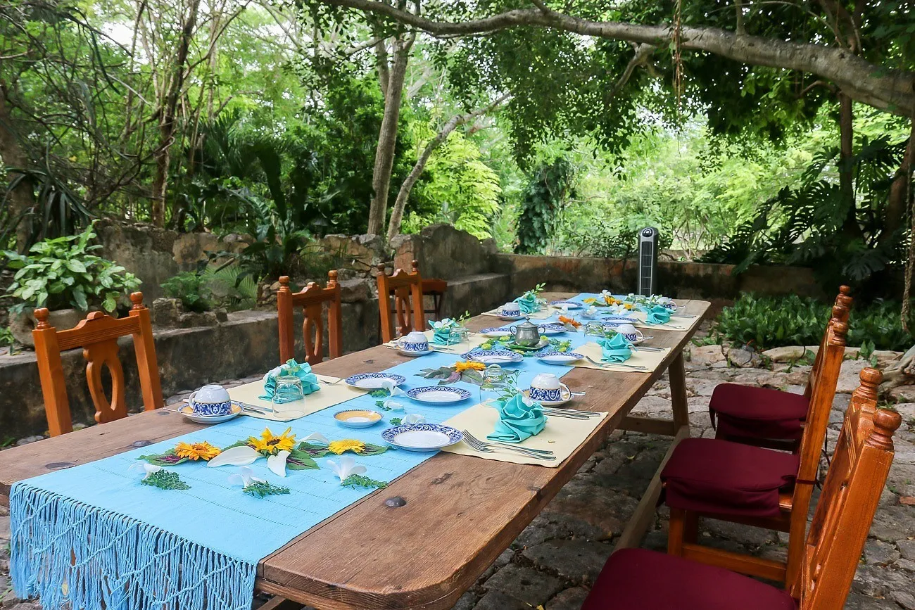 Breakfast table at Hacienda Petac near Merida, Mexico