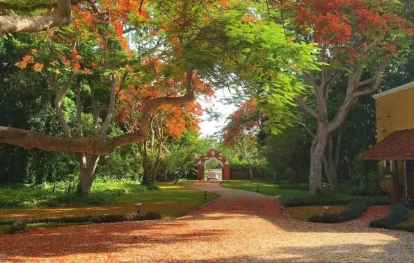 A taxi leaving the gate at Hacienda Petac near Merida in Mexico