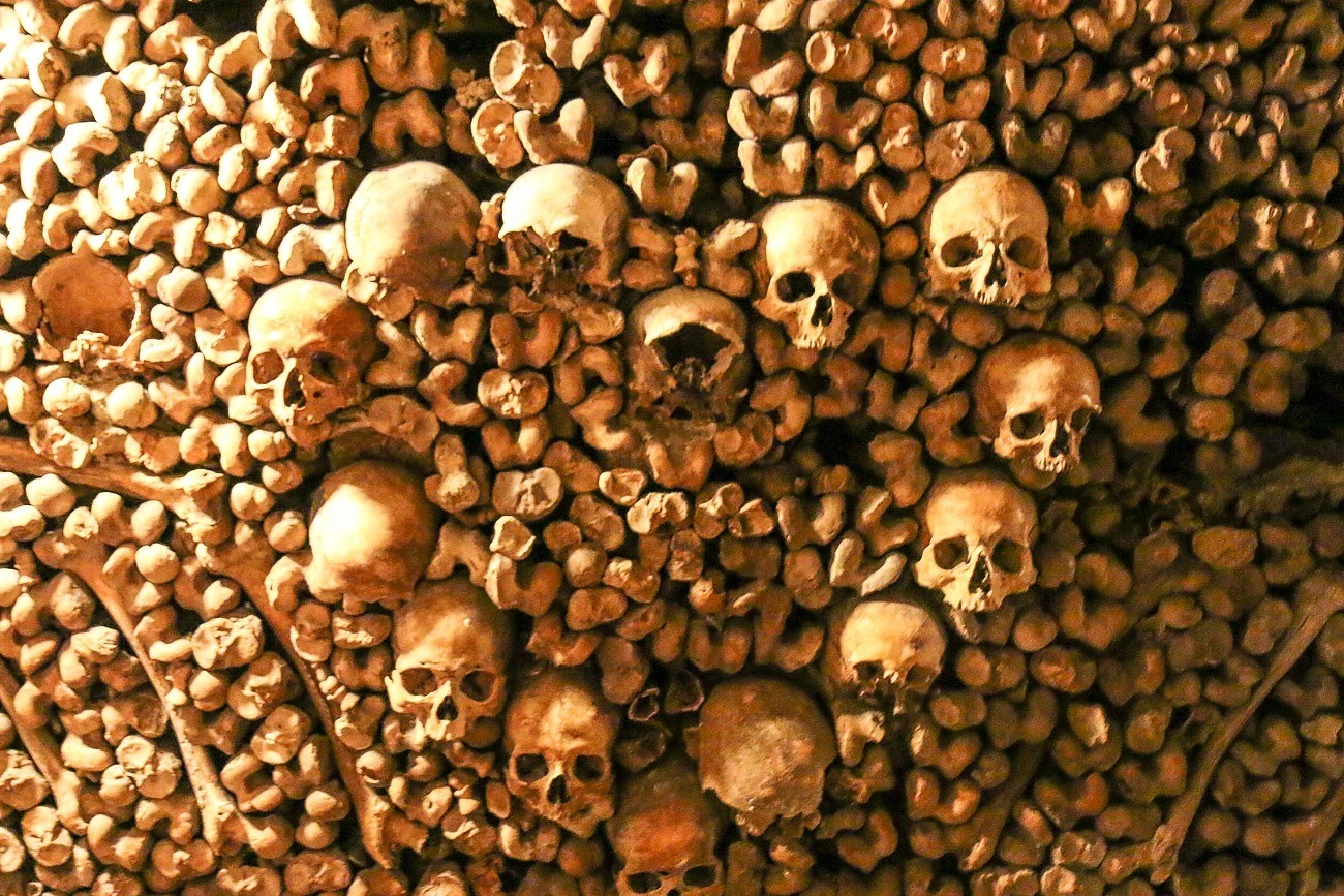 Bones are arranged in patterns inside the Paris Catacombs.