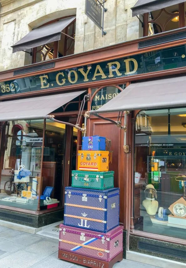 The iconic Goyard trunks in front of the rue Saint-Honor&eacute; boutique.