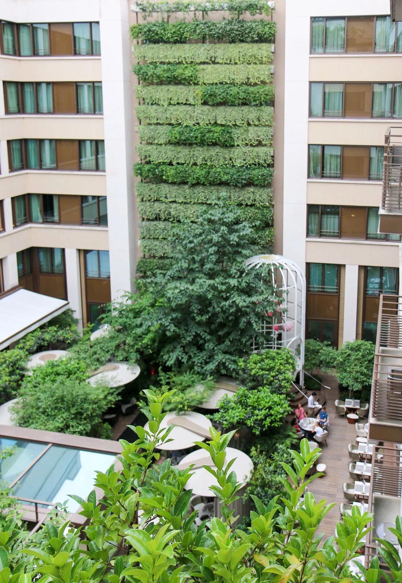 A view of the garden oasis at the Mandarin Oriental hotel in Paris
