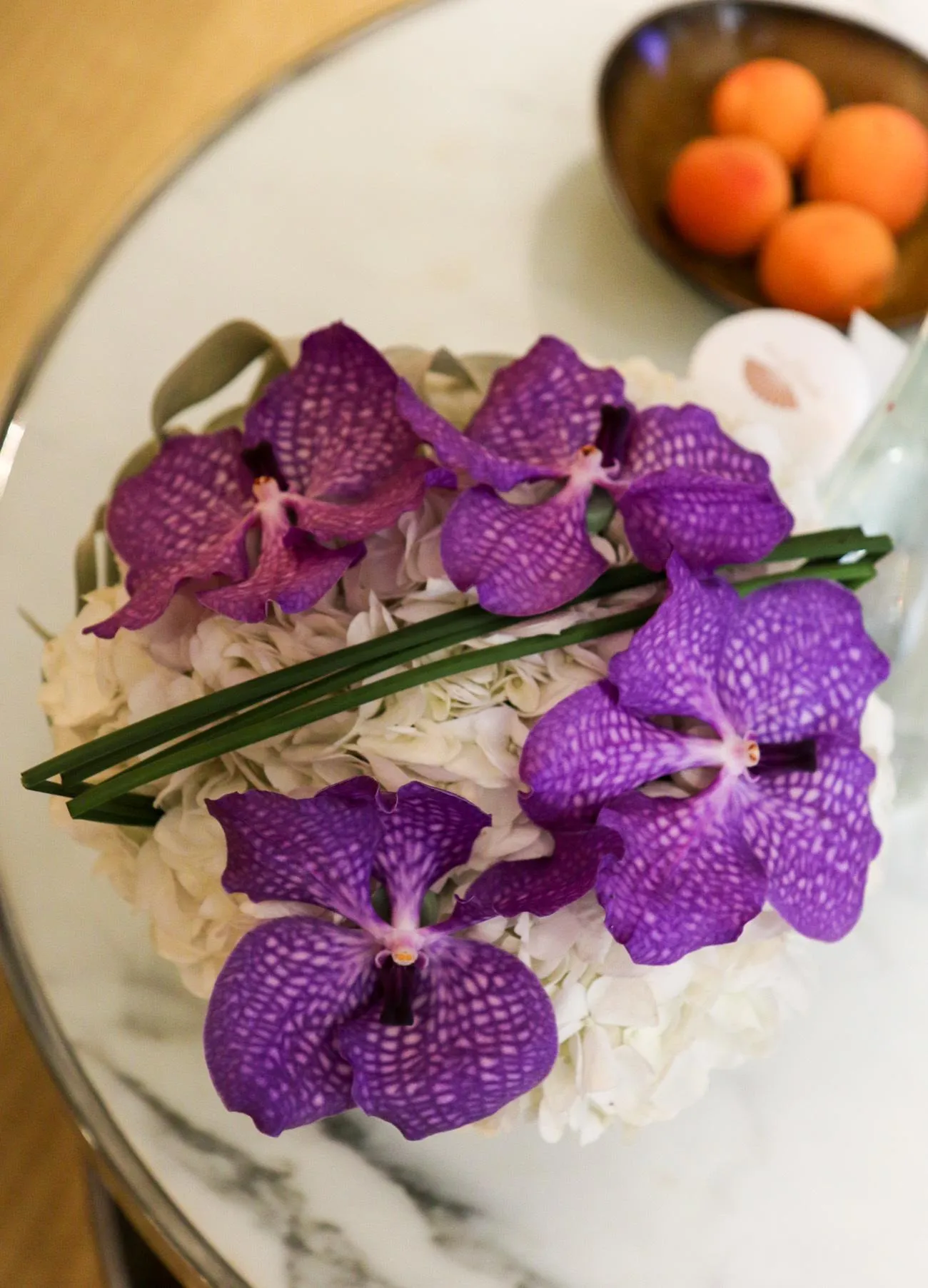 Orchid, hydrangea and air plant flower arrangement at the Mandarin Oriental hotel in Paris