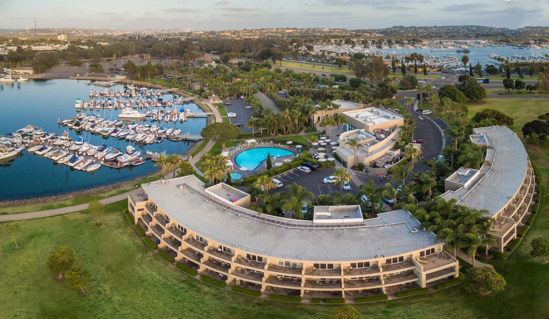 The Dana on Mission Bay aerial view to the marina.