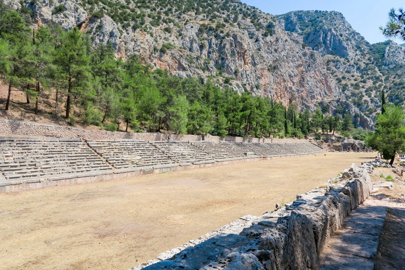 The stadium at the top of the Delphi archaeological site was used for the Pythian games.