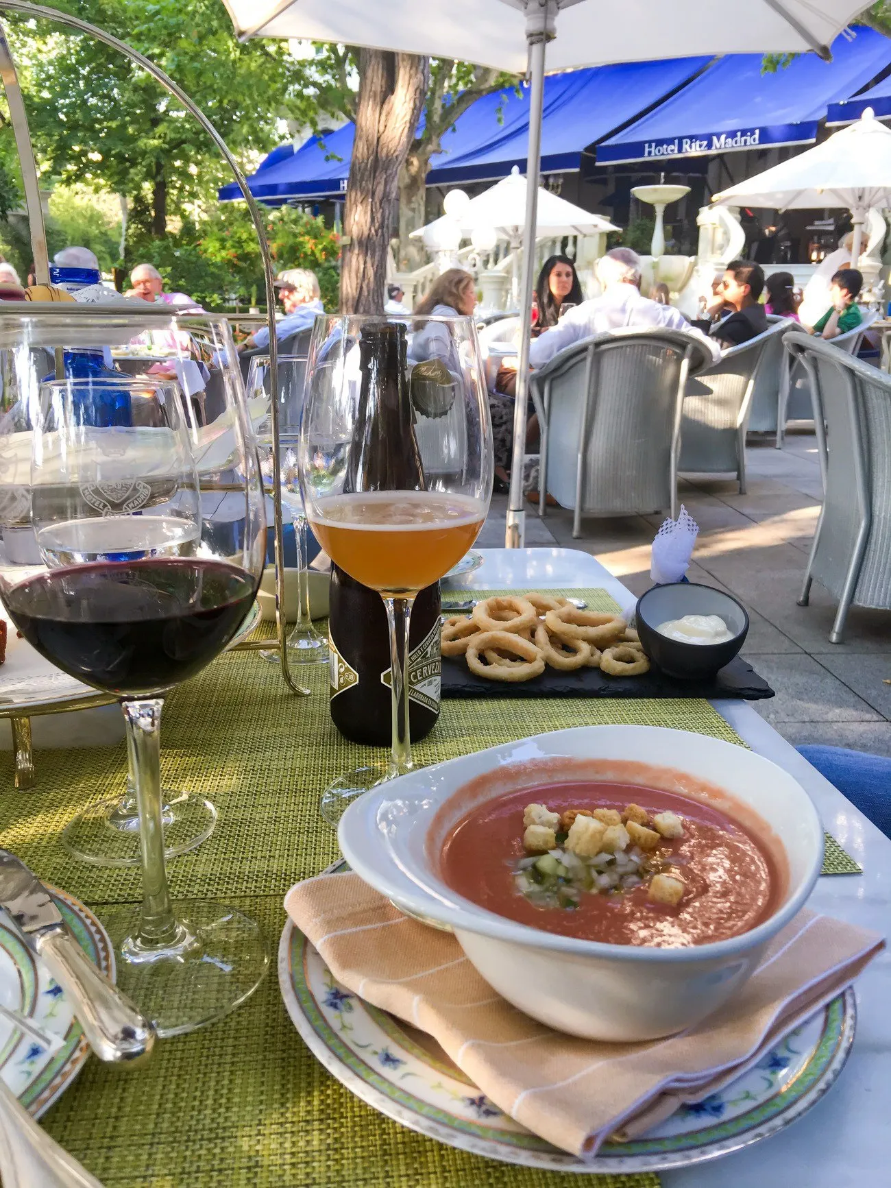 Luxury hotel dining: Gazpacho at The Ritz Garden in Madrid.