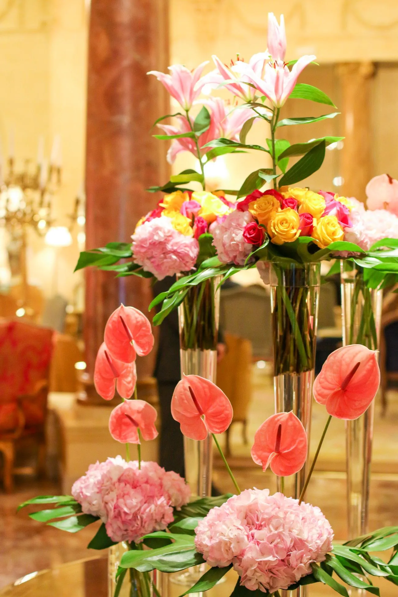 A contemporary flower arrangement inside Hotel Ritz, Madrid.