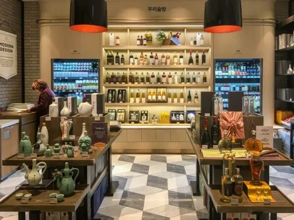 A variety of nice soju is sold in the food hall at Shinsegae department store in Seoul.