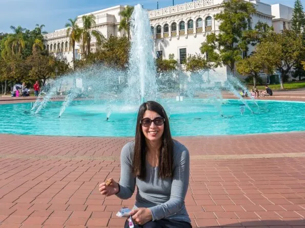 A goodnessknows snack square break in front of the Balboa Park fountain.