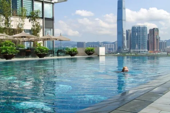 My daughter swims in the outdoor pool at Four Seasons Hotel Hong Kong.