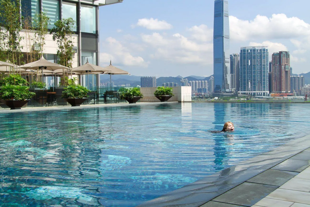 My daughter swims in the outdoor pool at Four Seasons Hotel Hong Kong.