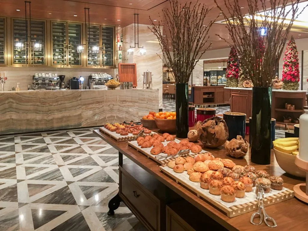 The coffee bar and baked goods section at the Four Seasons Hotel Seoul breakfast buffet.