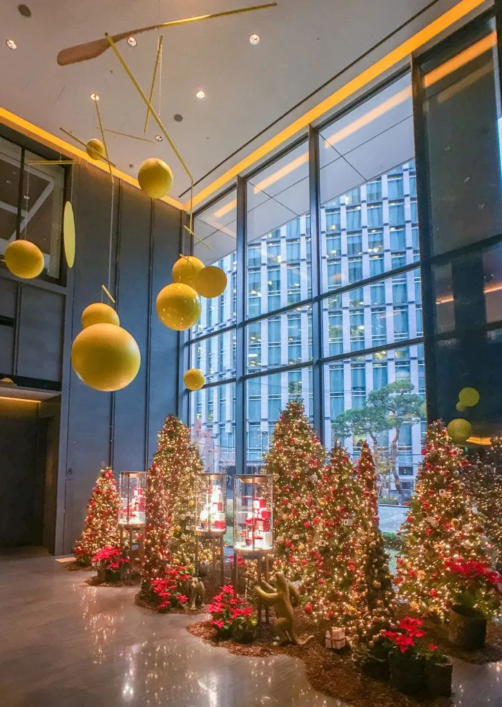 Christmas trees near the front desk at Four Seasons Hotel Seoul