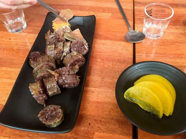 The most popular Korean blood sausage (sundae) is made from pig intestines stuffed with cellophane noodles.