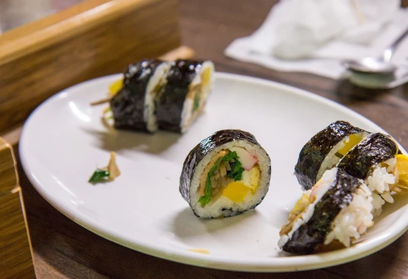 Gimbap eaten on a Seoul street food tour.