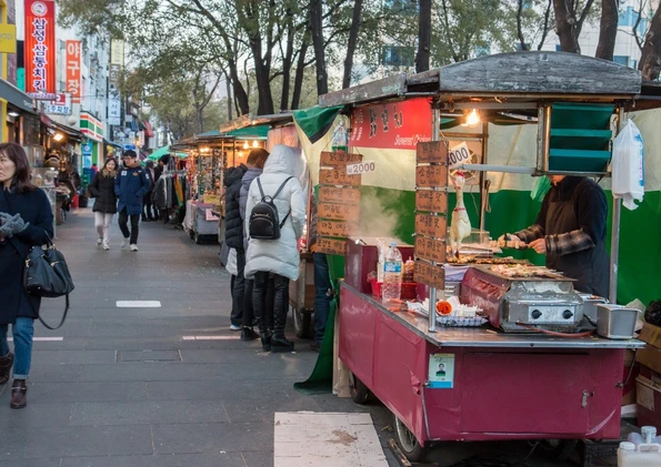 Street food stalls in Seoul's Insadong neighborhood.
