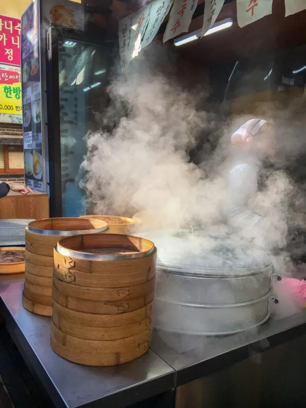 A small shop in Seoul gets ready to steam North Korean-style dumplings.