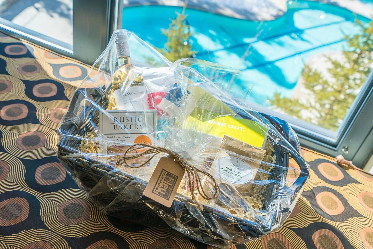 A lovely gourmet basket delivered to The Westin by Blue Market and Wine Bar in Mammoth.