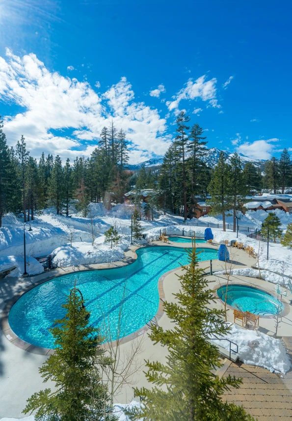 The gorgeous pool deck at The Westin Mammoth after snowfall.