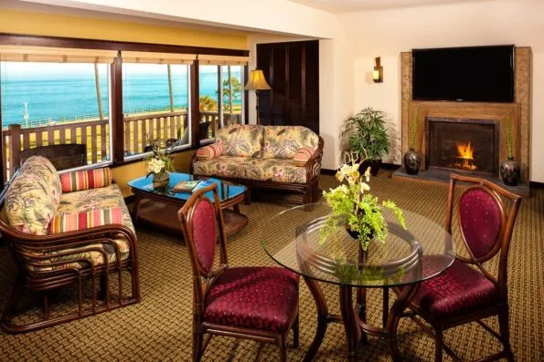 An ocean view living room at the Balinese-inspired Pantai Inn in La Jolla.