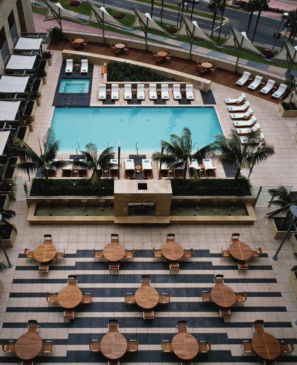 Aerial view of the pool deck and lounge at Omni San Diego Hotel.