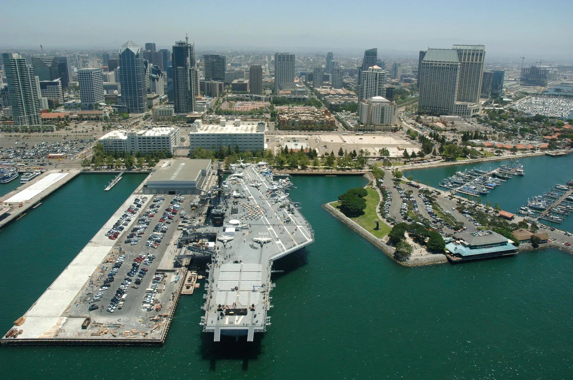 Aerial view of the USS Midway and the downtown San Diego skyline