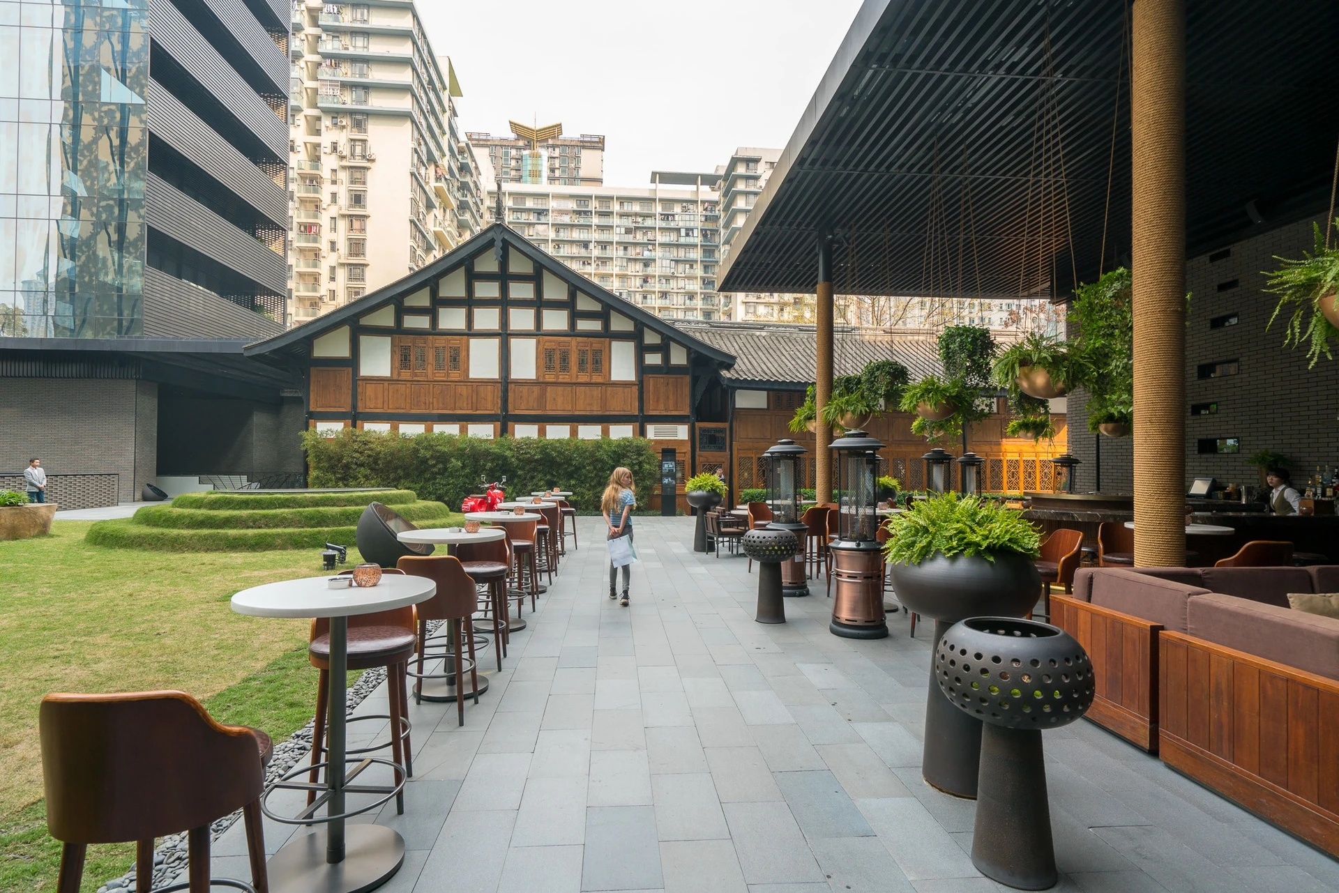 The outdoor terrace at Jing inside The Temple House.
