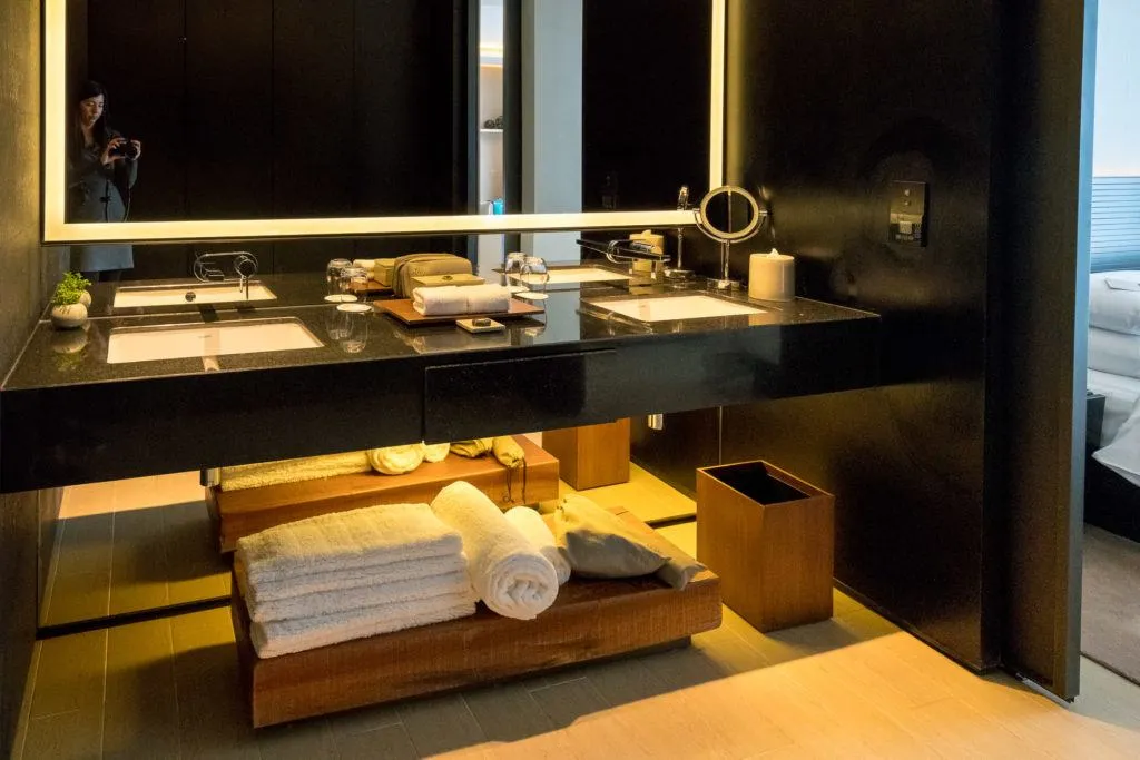 Gorgeous vanity area in the bathroom at The Temple House in Chengdu.