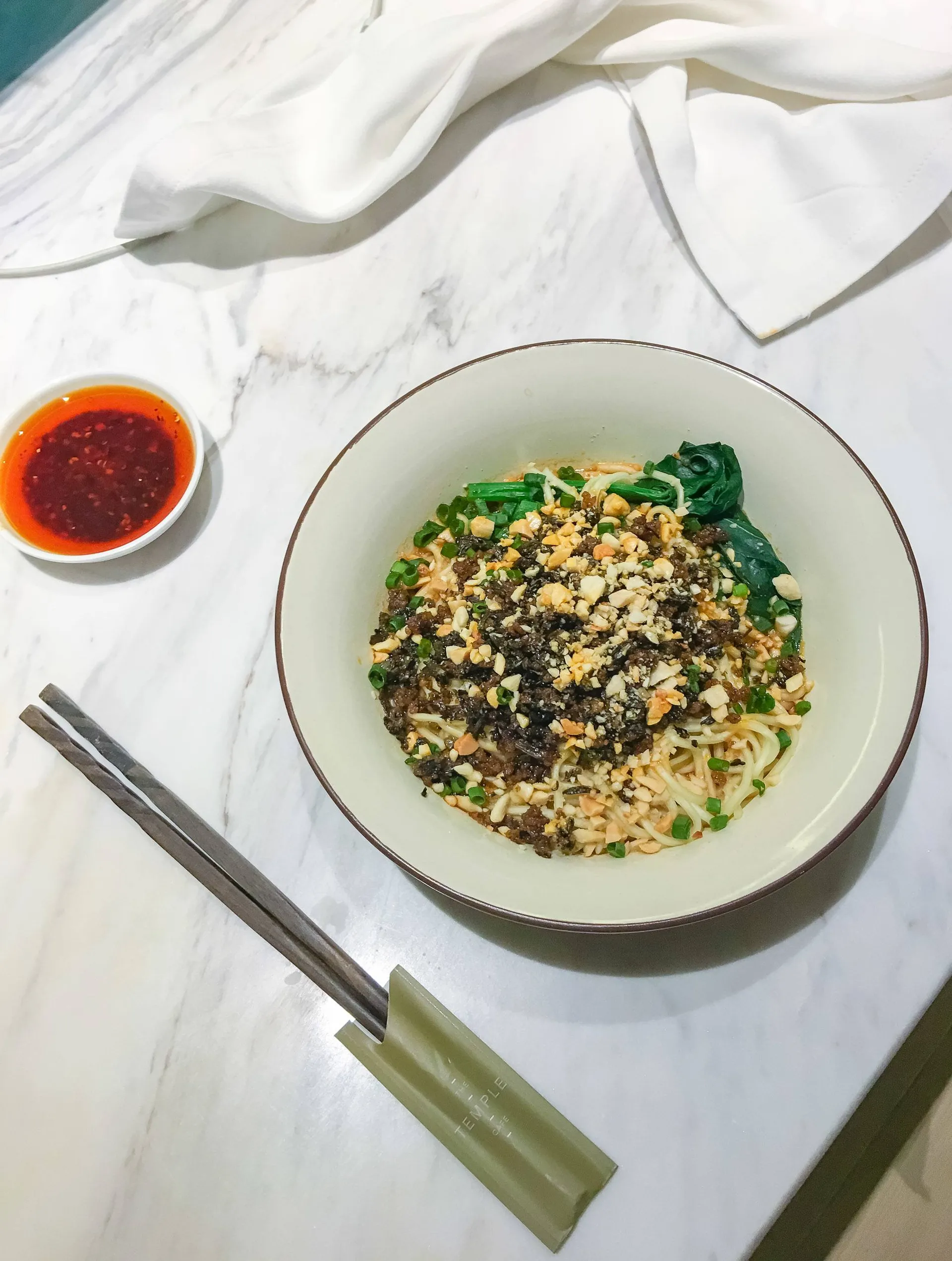 Dan dan noodles from in-room dining at The Temple House, a luxury hotel in Chengdu.