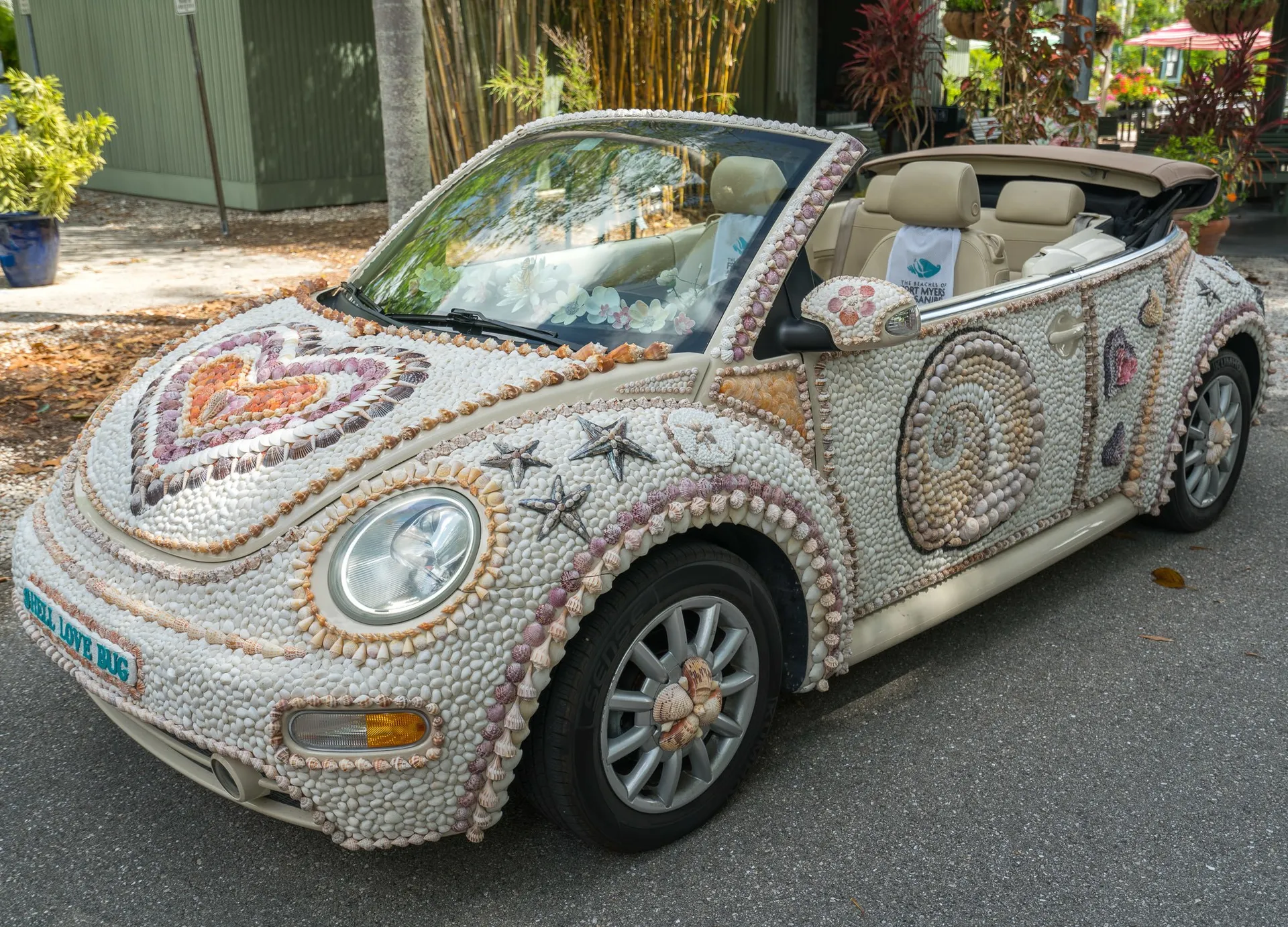 The Shell Love Bug is a Volkswagon Beetle covered in 20,000 shells.