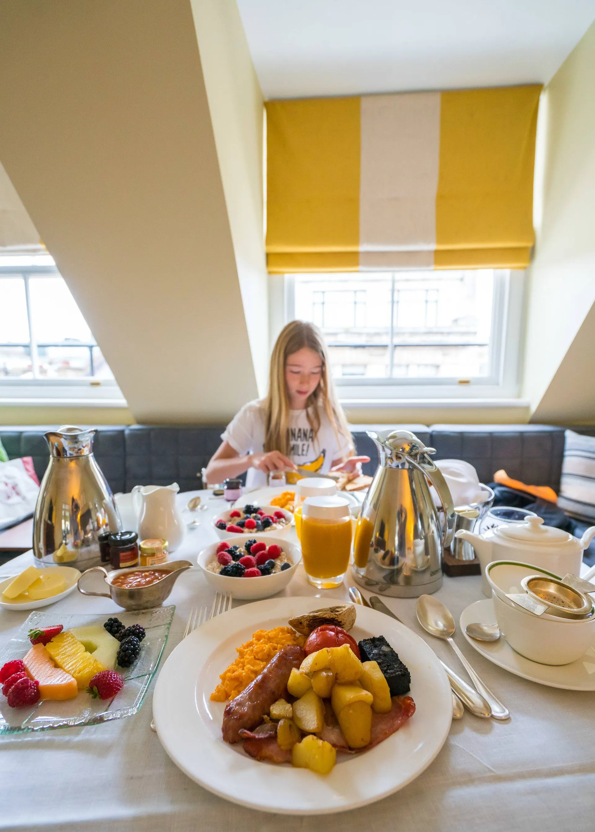 A full English breakfast via in-room dining at Brown's Hotel in London.