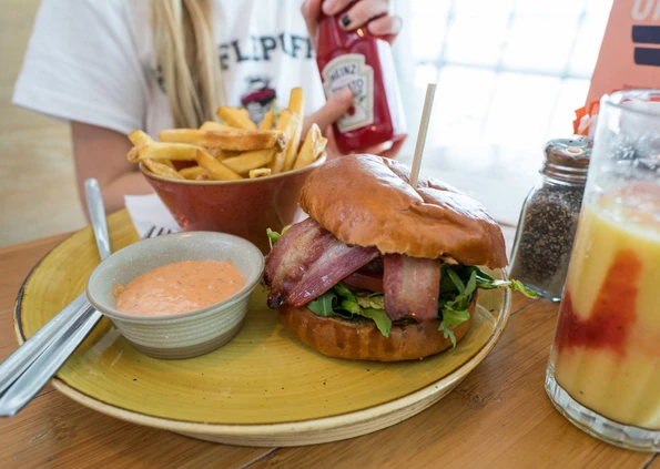 Smoky Joe burger at Giraffe restaurant inside Heathrow Airport.