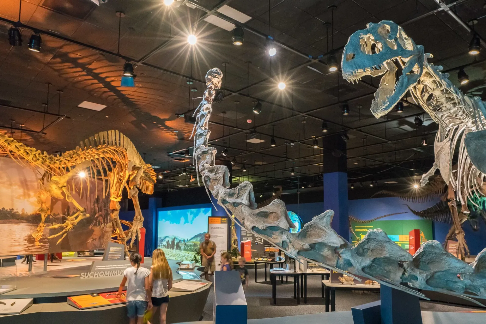 Two girls look at dinosaur bones in the Ultimate Dinosaurs temporary exhibit.