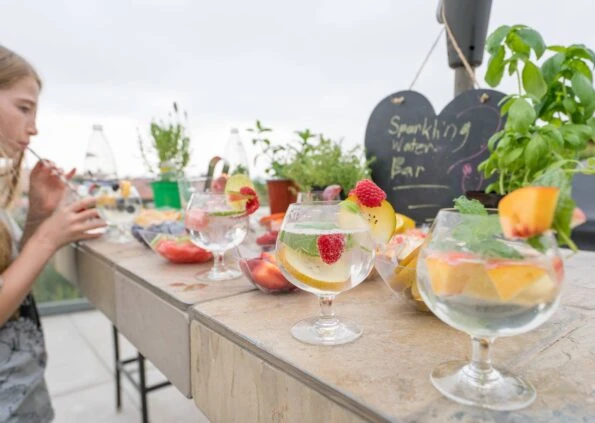 Make sparkling water drinks with fresh fruit and herbs.