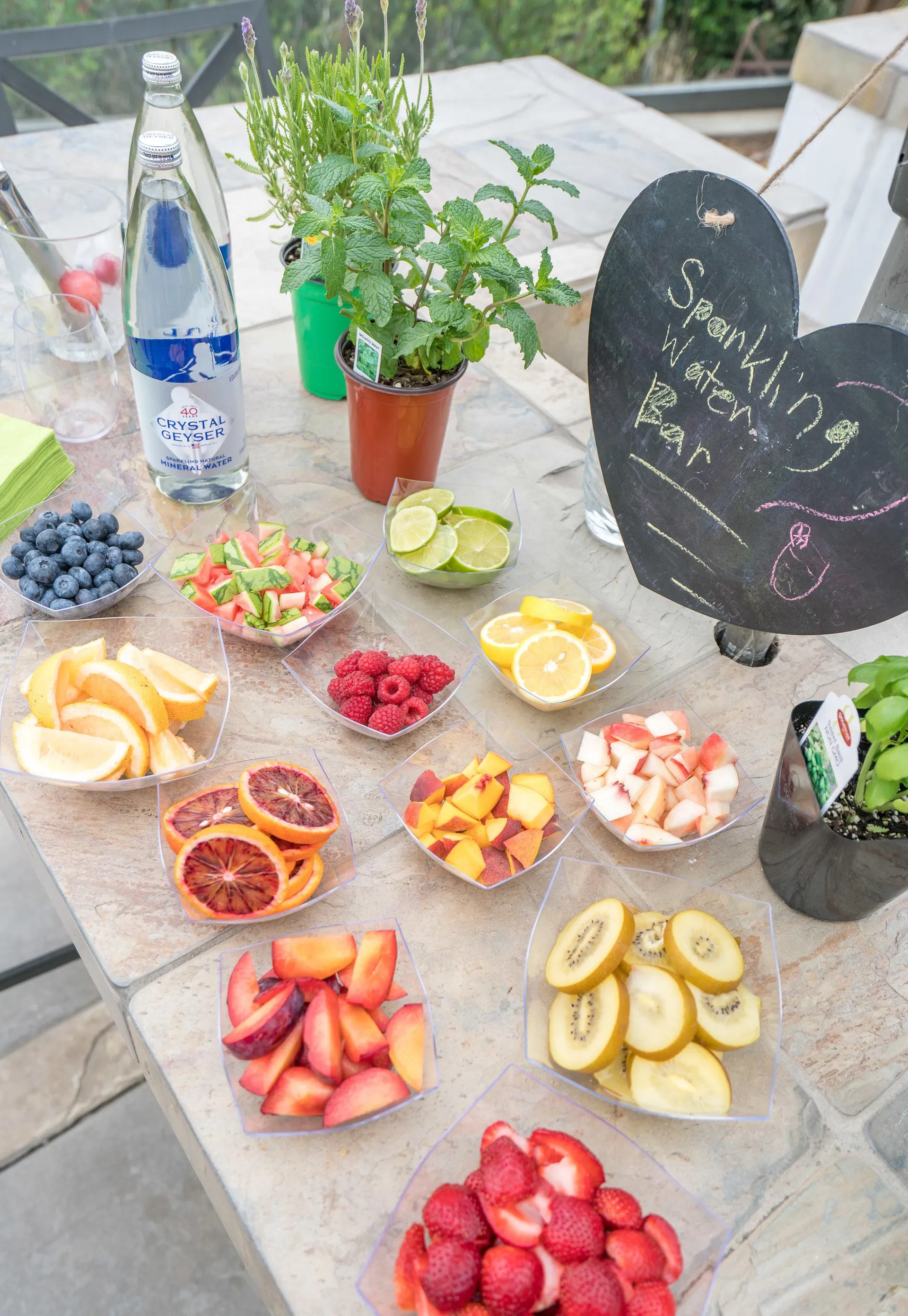 Ingredients for a DIY sparkling water bar that is perfect for parties.