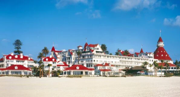 Beach Village and Hotel del Coronado exterior over the beach.